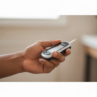Close-up of a person's hand holding a blood glucose monitor, representing insulin sensitivity and metabolic health monitoring, no text, no words, no typography, 8K, natural lighting