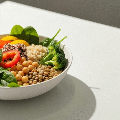 A vibrant bowl of plant-based food, showcasing fresh vegetables, grains, and legumes, on a clean, modern table setting, no text, no words, no typography, clean image