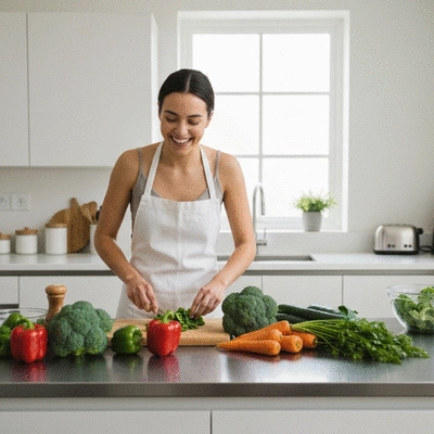 A person happily preparing a plant-based meal in a modern kitchen, with fresh ingredients on the counter, natural lighting, no text, no words, no typography, clean image