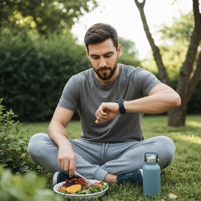 Person looking at a smartwatch displaying health metrics, with a healthy meal and water bottle nearby, representing balanced lifestyle and intermittent fasting. no text, no words, no typography, no labels, clean image