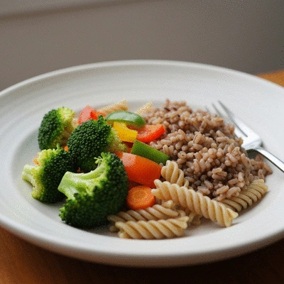 A balanced meal plate with lean protein (chicken breast), healthy fats (avocado), and complex carbohydrates (quinoa and roasted vegetables), illustrating nutrient-dense food for thyroid health.