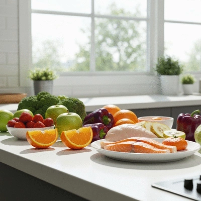 Healthy meal prep with various whole foods for fasting period