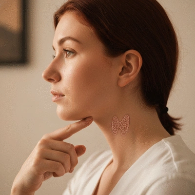 Person holding their neck where the thyroid gland is located, illustrating thyroid health. Clean image, no text, no words.