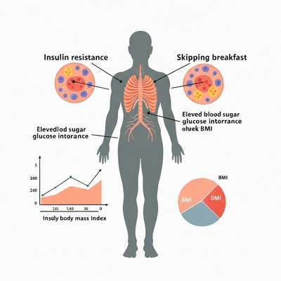 Scientific illustration of the negative effects of skipping breakfast on metabolic health, showing insulin resistance and increased BMI