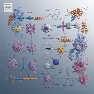 Scientific illustration of mTOR protein complex and its metabolic pathways