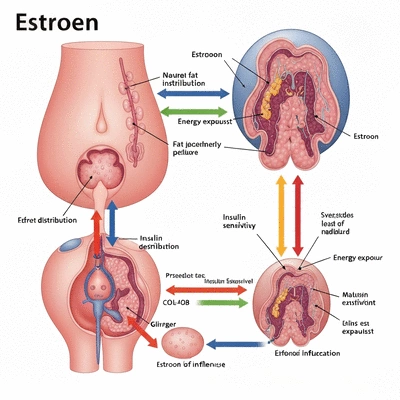 Scientific illustration of estrogen's influence on metabolism and fat distribution
