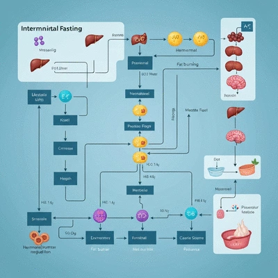 Diagram showing metabolic processes related to intermittent fasting, including fat burning and hormonal regulation, no text, no words, no typography, clean image
