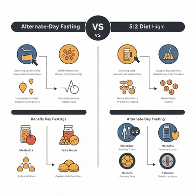 Scientific infographic comparing Alternate-Day Fasting and 5:2 Diet benefits and methods