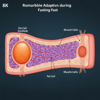 Scientific diagram illustrating muscle preservation during fasting with fat cells shrinking and muscle cells remaining intact
