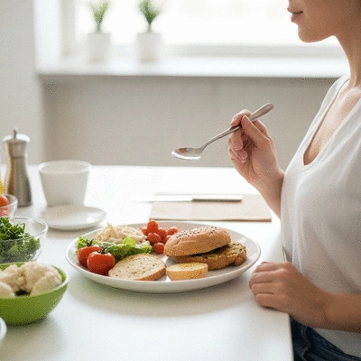 Person enjoying a healthy meal on an eating day during alternate day fasting, vibrant setting, no text, no words, no typography