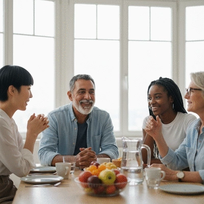 Diverse group of people discussing health and lifestyle choices around a table