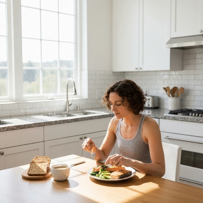Woman eating a healthy meal during her time-restricted eating window, bright and clean kitchen, no text, no words, no typography, no labels, clean image